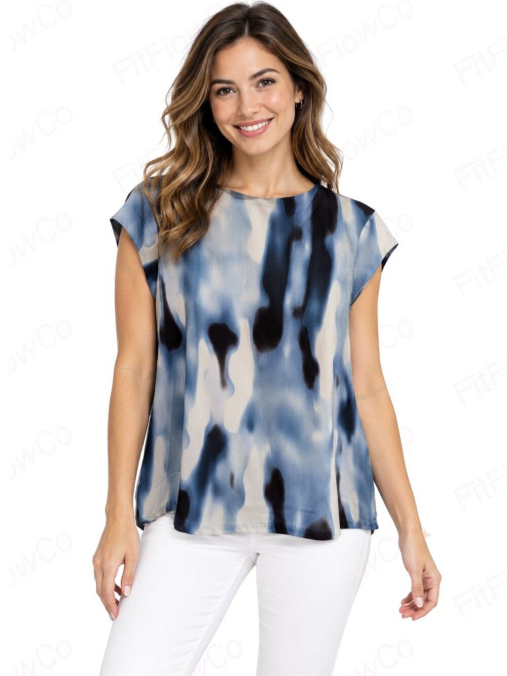 Calvin Klein Abstract Watercolor Split Sleeve Blouse Blue Women’s L